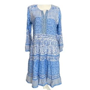Bella Tu Blue & White India Print Light Cotton Midi Dress Medium
